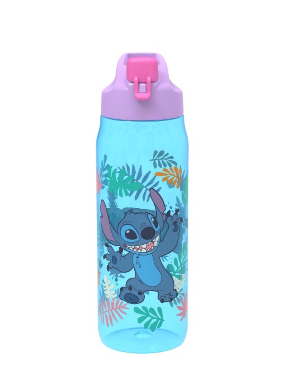 Disney Blue and Pink Stitch Water Bottle with Tropical Leaf Design